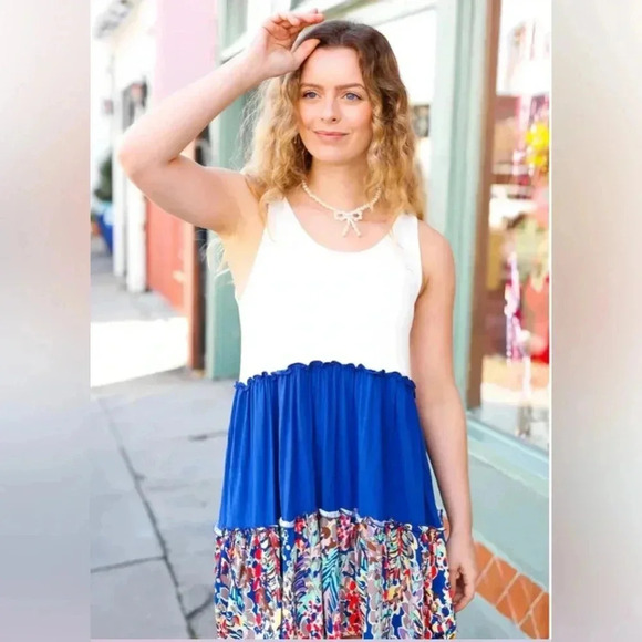 Beeson River Dress Ivory Color Block Royal Blue Floral Accent Sleeveless (S-XL) - Picture 2 of 12